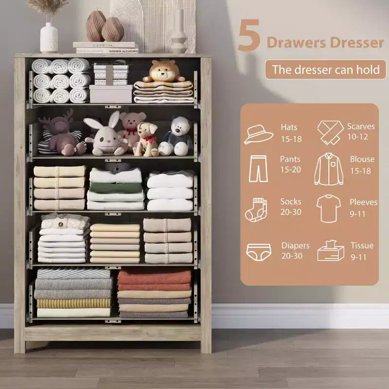 5-Drawer Wood Storage Dresser for Bedroom, Modern Simple Chest of Drawers with Deep Drawers for Living Room, Hallway, Entryway