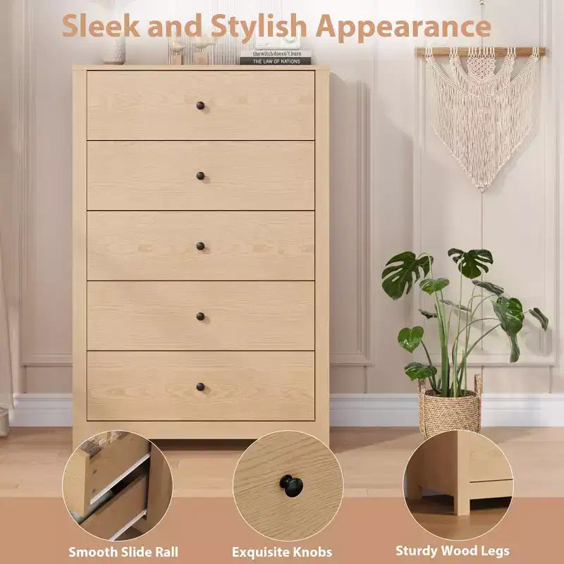 5-Drawer Wood Storage Dresser for Bedroom, Modern Simple Chest of Drawers with Deep Drawers for Living Room, Hallway, Entryway