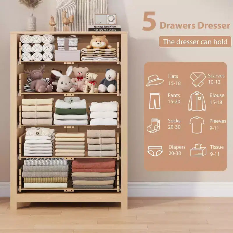 5-Drawer Wood Storage Dresser for Bedroom, Modern Simple Chest of Drawers with Deep Drawers for Living Room, Hallway, Entryway
