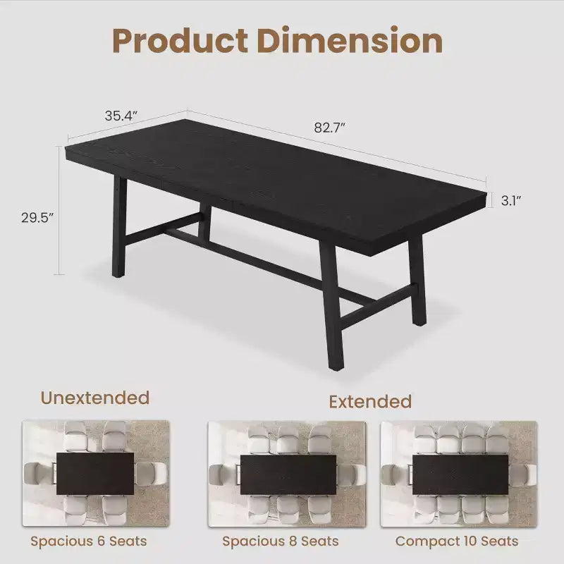 63-83 Extendable Dining Table, Industrial Rectangular Dining Room Table for 6-8 People, Expandable Kitchen Table with Heavy Duty Metal Frame
