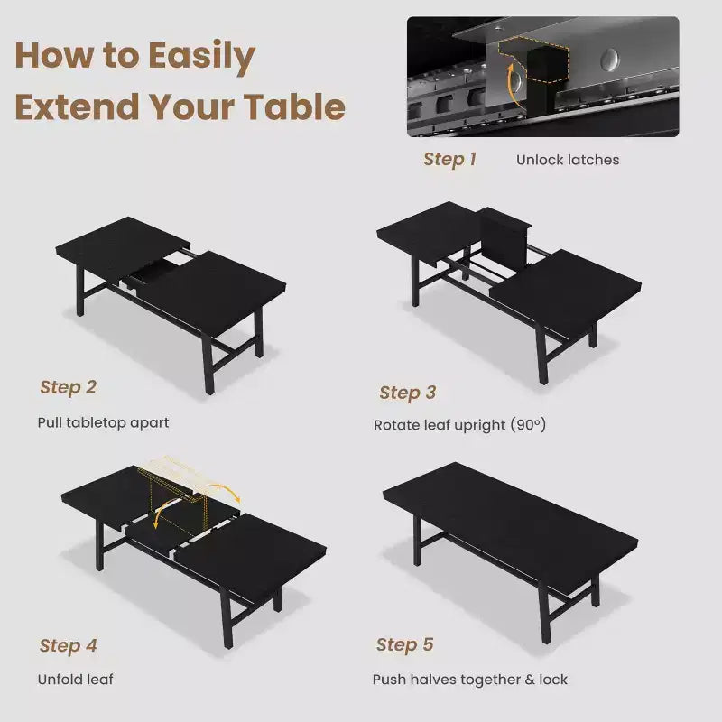 63-83 Extendable Dining Table, Industrial Rectangular Dining Room Table for 6-8 People, Expandable Kitchen Table with Heavy Duty Metal Frame