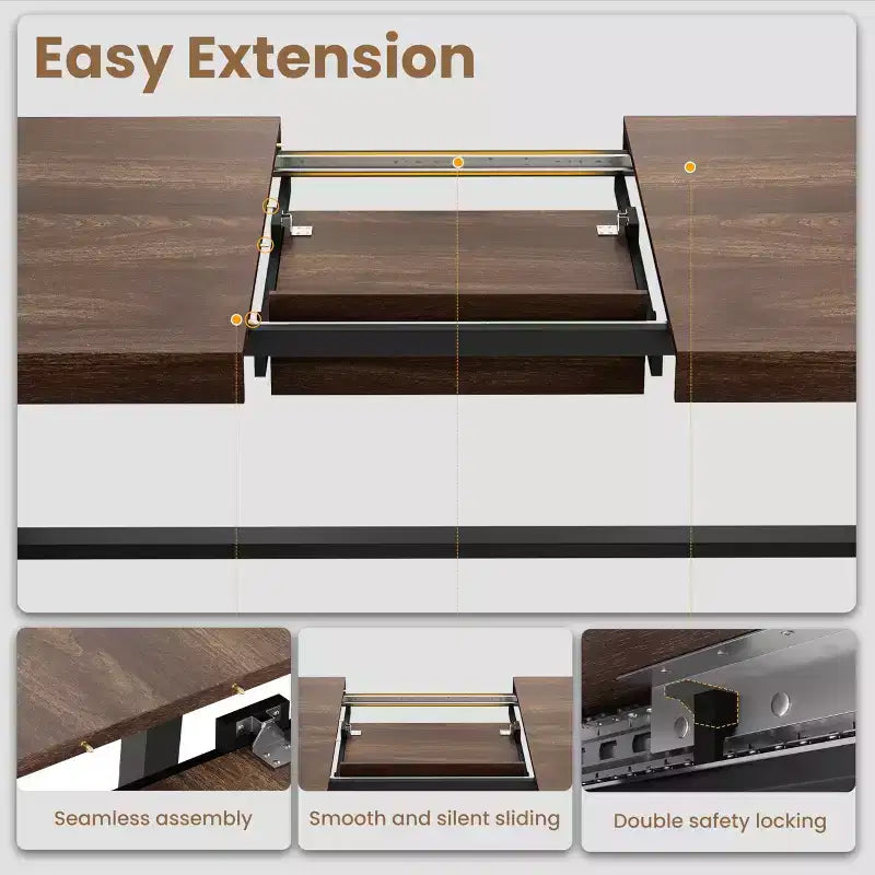 63-83 Extendable Dining Table, Industrial Rectangular Dining Room Table for 6-8 People, Expandable Kitchen Table with Heavy Duty Metal Frame