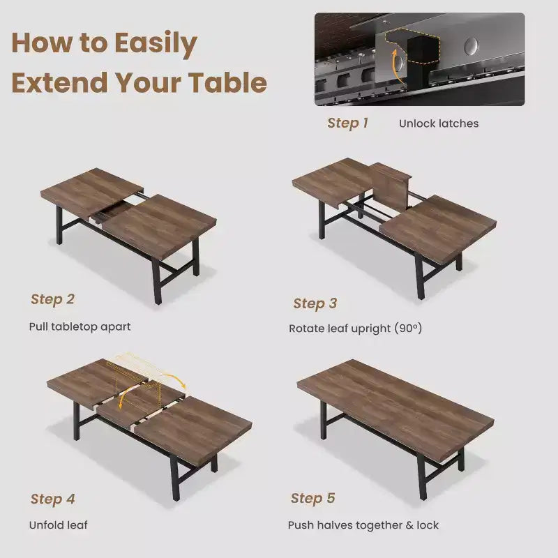 63-83 Extendable Dining Table, Industrial Rectangular Dining Room Table for 6-8 People, Expandable Kitchen Table with Heavy Duty Metal Frame