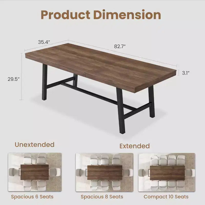 63-83 Extendable Dining Table, Industrial Rectangular Dining Room Table for 6-8 People, Expandable Kitchen Table with Heavy Duty Metal Frame