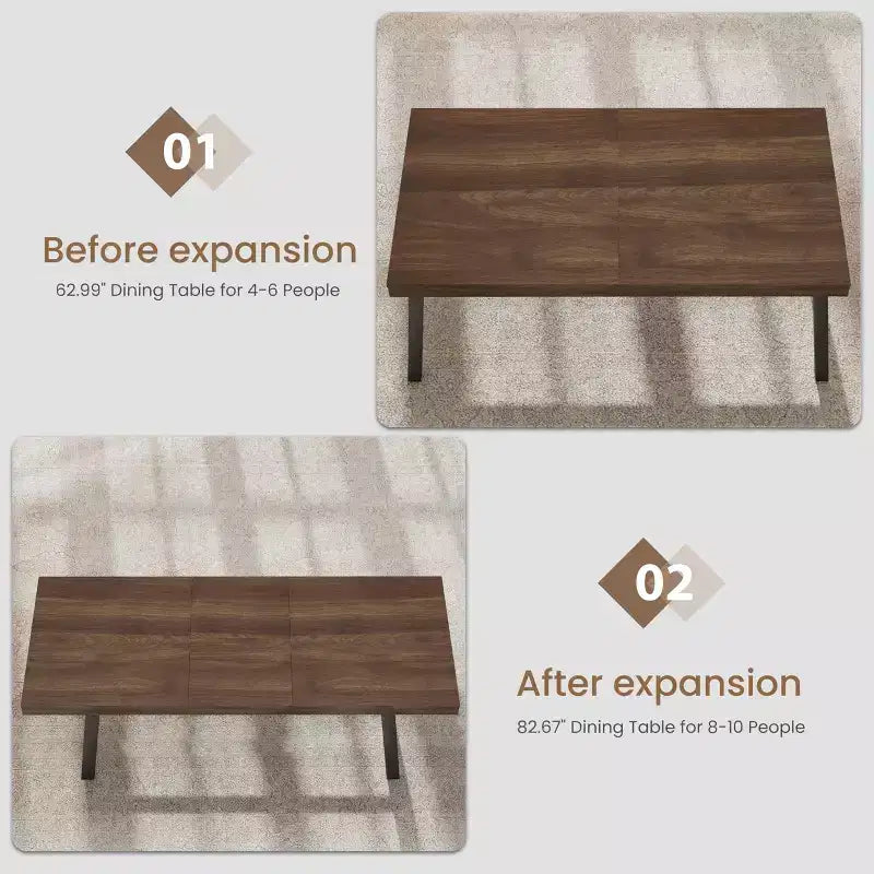63-83 Extendable Dining Table, Industrial Rectangular Dining Room Table for 6-8 People, Expandable Kitchen Table with Heavy Duty Metal Frame