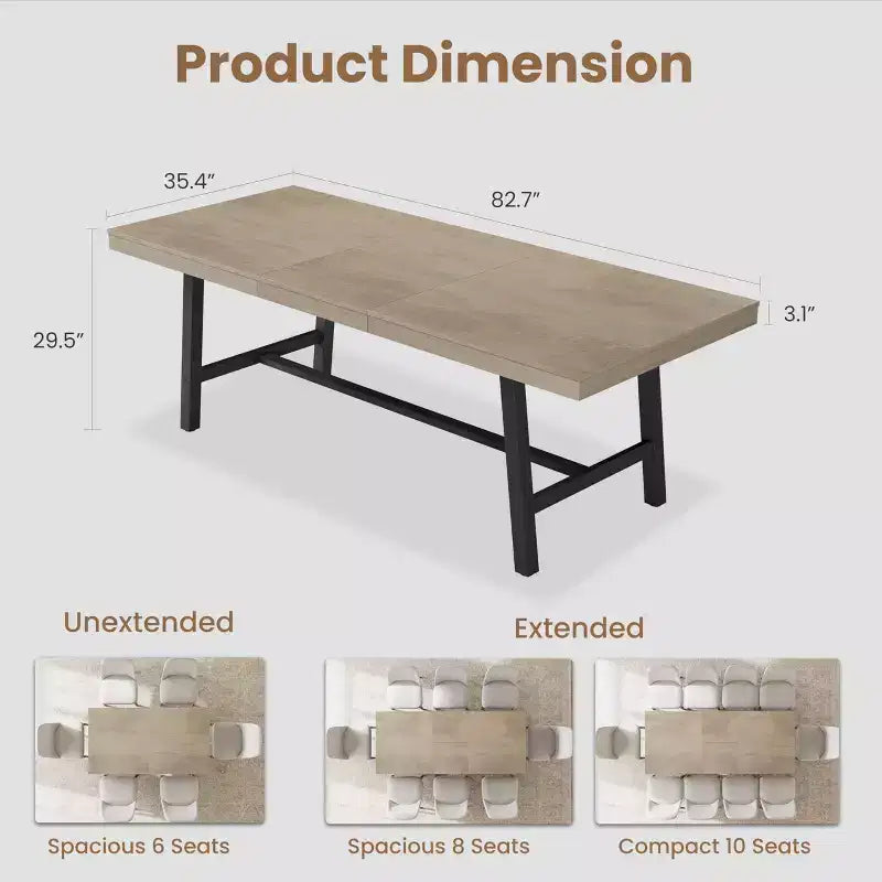 63-83 Extendable Dining Table, Industrial Rectangular Dining Room Table for 6-8 People, Expandable Kitchen Table with Heavy Duty Metal Frame