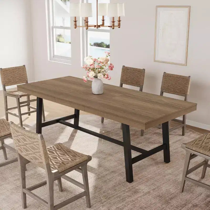63-83 Extendable Dining Table, Industrial Rectangular Dining Room Table for 6-8 People, Expandable Kitchen Table with Heavy Duty Metal Frame