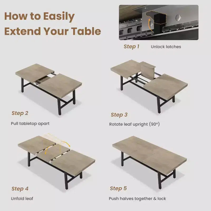 63-83 Extendable Dining Table, Industrial Rectangular Dining Room Table for 6-8 People, Expandable Kitchen Table with Heavy Duty Metal Frame