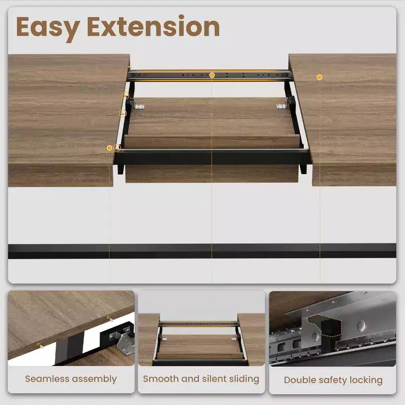 63-83 Extendable Dining Table, Industrial Rectangular Dining Room Table for 6-8 People, Expandable Kitchen Table with Heavy Duty Metal Frame