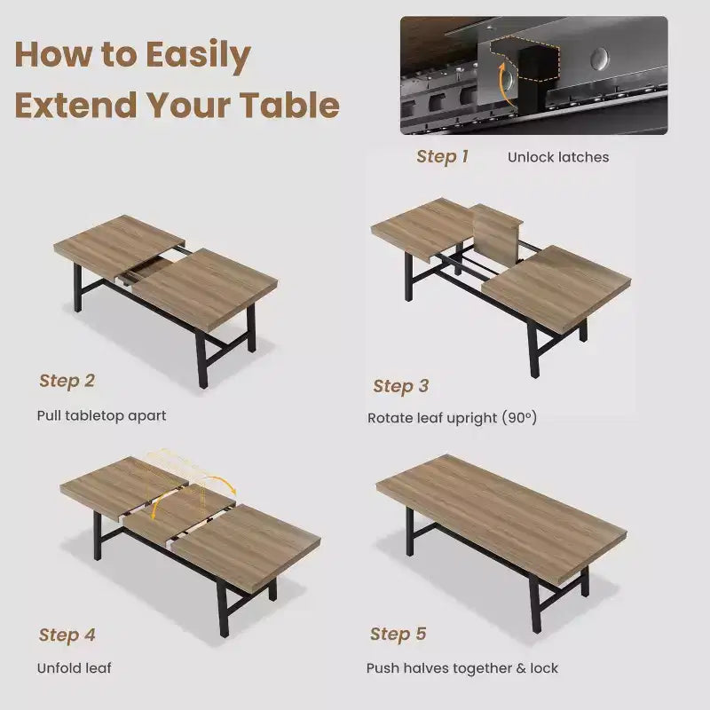 63-83 Extendable Dining Table, Industrial Rectangular Dining Room Table for 6-8 People, Expandable Kitchen Table with Heavy Duty Metal Frame