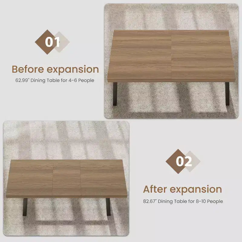 63-83 Extendable Dining Table, Industrial Rectangular Dining Room Table for 6-8 People, Expandable Kitchen Table with Heavy Duty Metal Frame