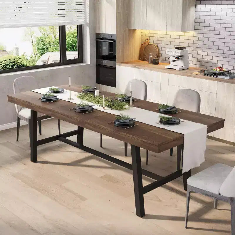 63-83 Extendable Dining Table, Industrial Rectangular Dining Room Table for 6-8 People, Expandable Kitchen Table with Heavy Duty Metal Frame