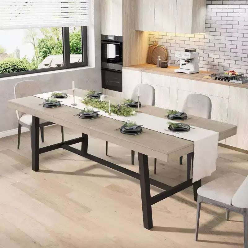 63-83 Extendable Dining Table, Industrial Rectangular Dining Room Table for 6-8 People, Expandable Kitchen Table with Heavy Duty Metal Frame