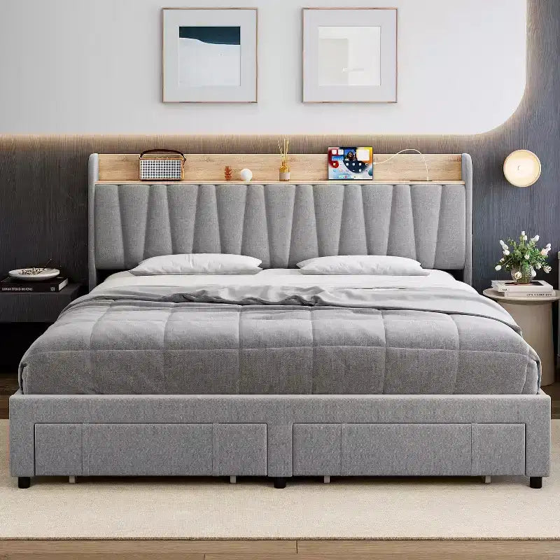 Upholstered Bed Frame King Size , Platform Bed with Storage Headboard, Drawer Storage, Heavy Duty, No Box Spring Required, Easy to Assemble, Gray