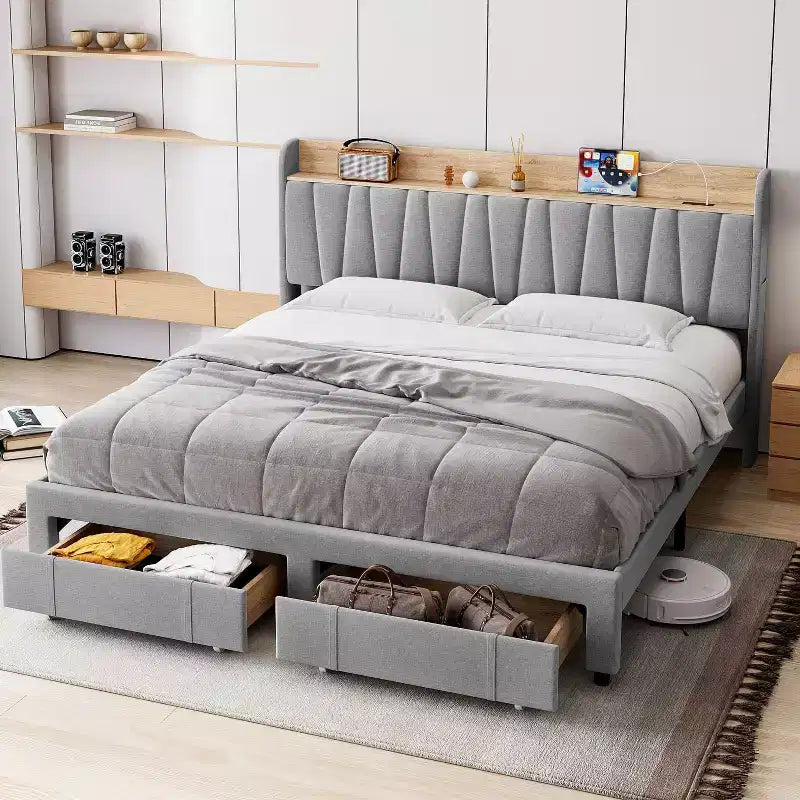 Upholstered Bed Frame King Size , Platform Bed with Storage Headboard, Drawer Storage, Heavy Duty, No Box Spring Required, Easy to Assemble, Gray