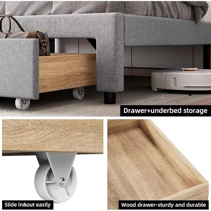 Upholstered Bed Frame King Size , Platform Bed with Storage Headboard, Drawer Storage, Heavy Duty, No Box Spring Required, Easy to Assemble, Gray