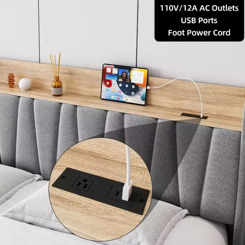Upholstered Bed Frame King Size , Platform Bed with Storage Headboard, Drawer Storage, Heavy Duty, No Box Spring Required, Easy to Assemble, Gray