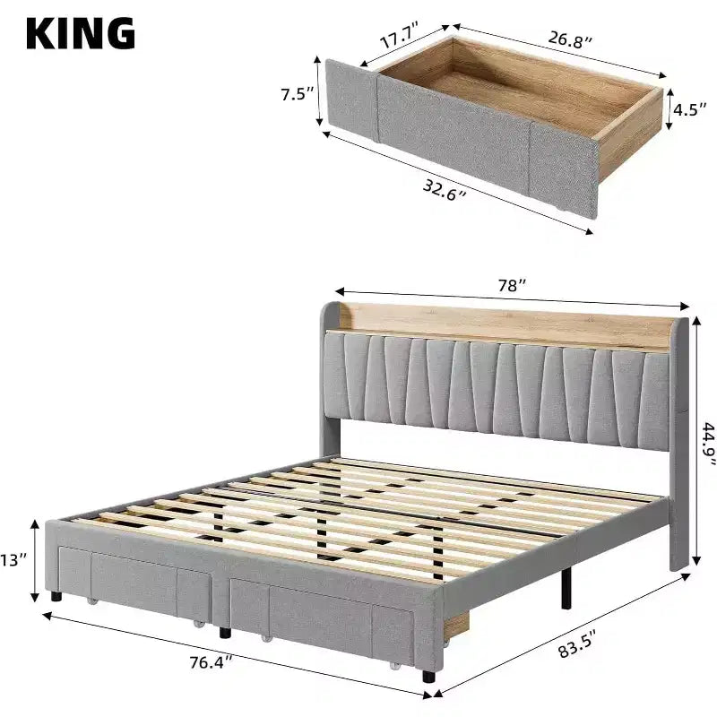 Upholstered Bed Frame King Size , Platform Bed with Storage Headboard, Drawer Storage, Heavy Duty, No Box Spring Required, Easy to Assemble, Gray