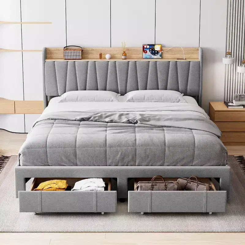Upholstered Bed Frame King Size , Platform Bed with Storage Headboard, Drawer Storage, Heavy Duty, No Box Spring Required, Easy to Assemble, Gray