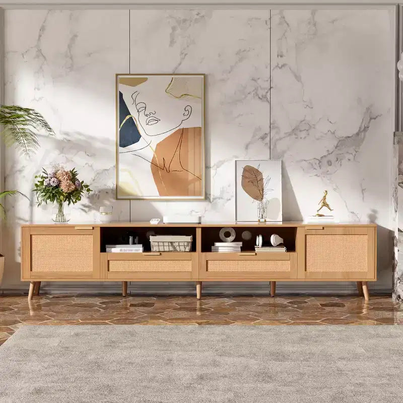 Rattan TV Stand for TVs up to 90, Boho Farmhouse Media Console Table with Storage Cabinets, Entertainment Center for Living Room-Panipeachy