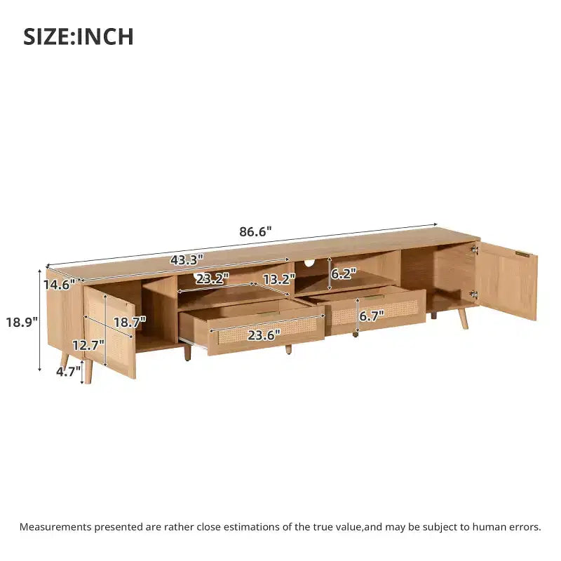 Rattan TV Stand for TVs up to 90, Boho Farmhouse Media Console Table with Storage Cabinets, Entertainment Center for Living Room-Panipeachy