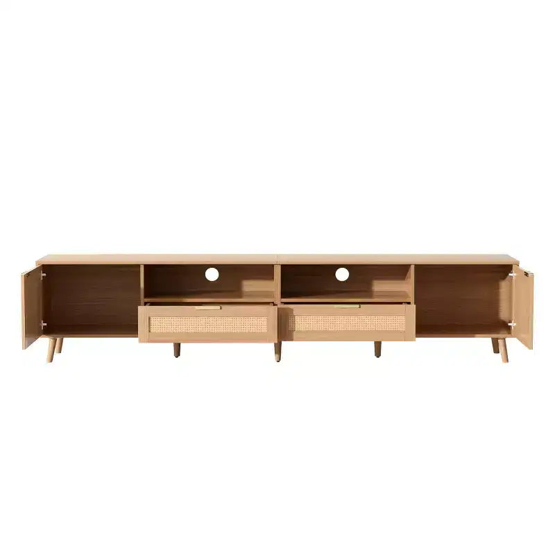 Rattan TV Stand for TVs up to 90, Boho Farmhouse Media Console Table with Storage Cabinets, Entertainment Center for Living Room-Panipeachy