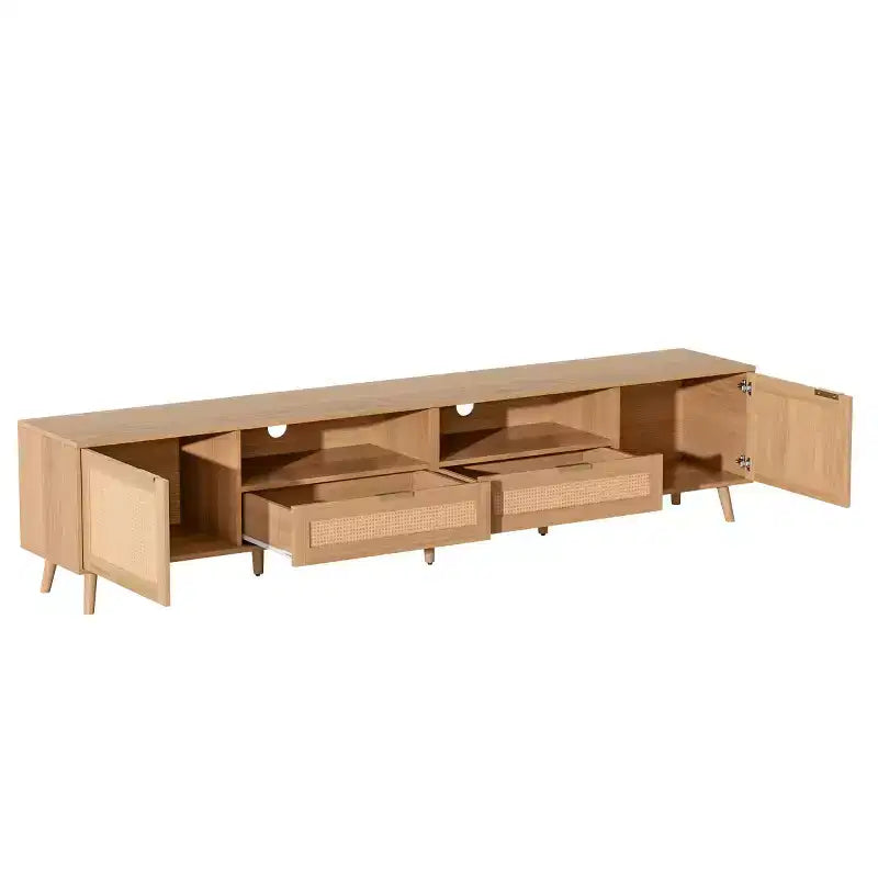 Rattan TV Stand for TVs up to 90, Boho Farmhouse Media Console Table with Storage Cabinets, Entertainment Center for Living Room-Panipeachy