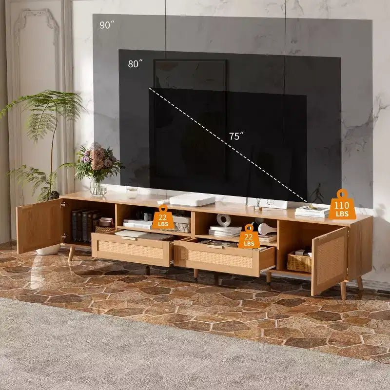Rattan TV Stand for TVs up to 90, Boho Farmhouse Media Console Table with Storage Cabinets, Entertainment Center for Living Room-Panipeachy