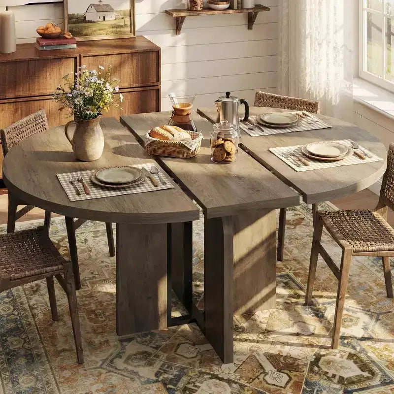 47-63 Extendable Round Dining Table for 4-8, Farmhouse Wood Expandable Kitchen Table with Metal Frame, Oval Space Saving for Apartment, Retro Gray