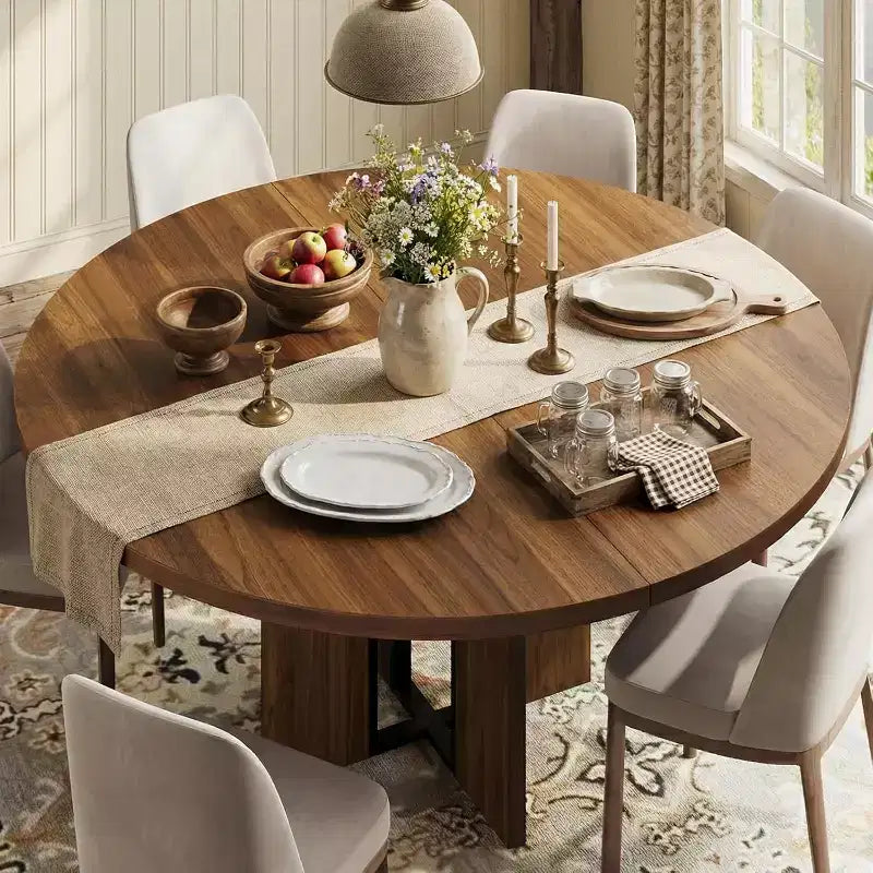 47-63 Extendable Round Dining Table for 4-8, Farmhouse Wood Expandable Kitchen Table with Metal Frame, Oval Space Saving for Apartment, Retro Gray