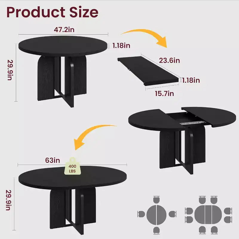 47-63 Extendable Round Dining Table for 4-8, Farmhouse Wood Expandable Kitchen Table with Metal Frame, Oval Space Saving for Apartment, Retro Gray