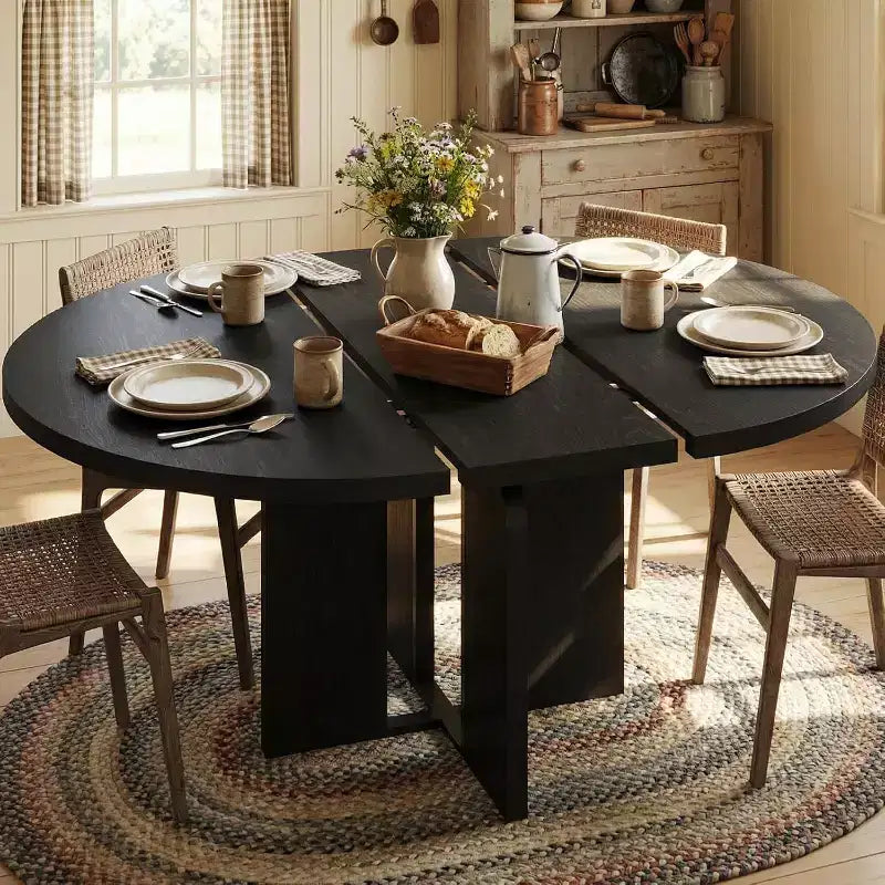47-63 Extendable Round Dining Table for 4-8, Farmhouse Wood Expandable Kitchen Table with Metal Frame, Oval Space Saving for Apartment, Retro Gray