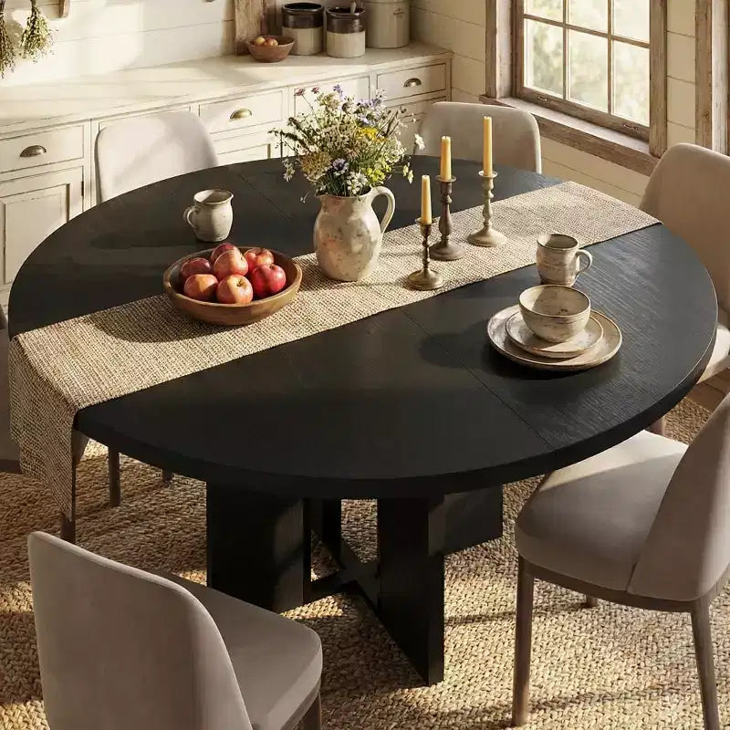 47-63 Extendable Round Dining Table for 4-8, Farmhouse Wood Expandable Kitchen Table with Metal Frame, Oval Space Saving for Apartment, Retro Gray