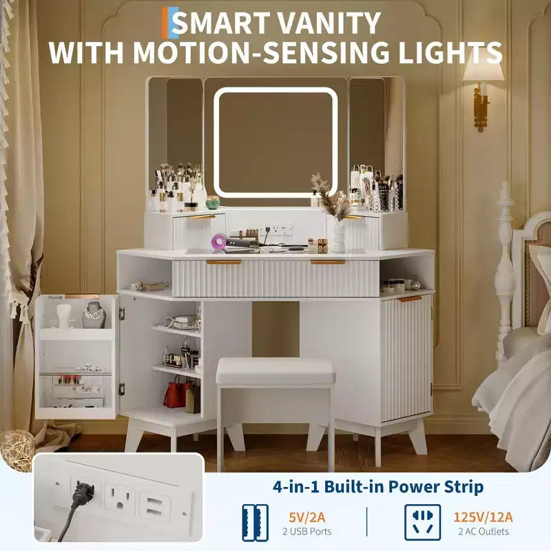 Corner Makeup Vanity Desk with Lights, 47 Wooden Dressing Table with Tri-Fold Mirror & Glass Top, Vanity Table Set with Stool for Bedroom