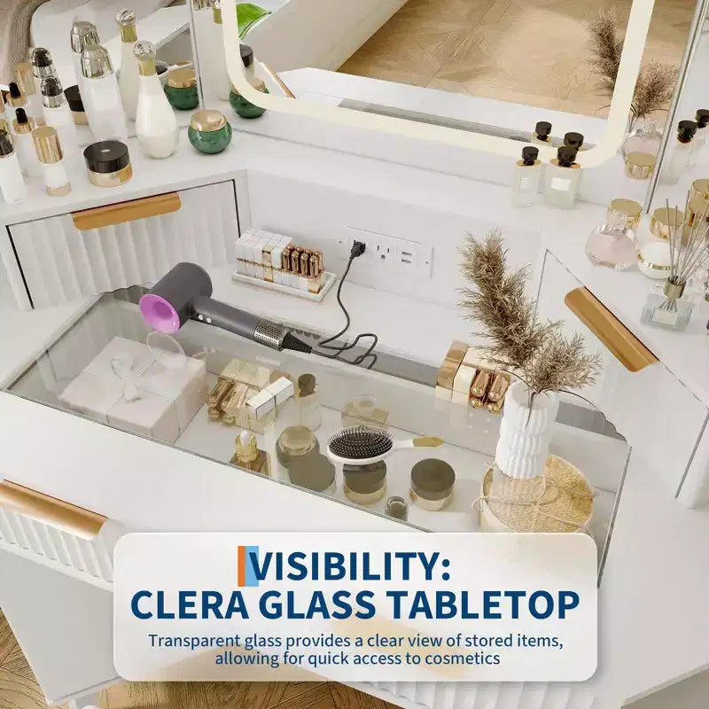 Corner Makeup Vanity Desk with Lights, 47 Wooden Dressing Table with Tri-Fold Mirror & Glass Top, Vanity Table Set with Stool for Bedroom