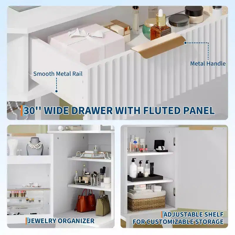 Corner Makeup Vanity Desk with Lights, 47 Wooden Dressing Table with Tri-Fold Mirror & Glass Top, Vanity Table Set with Stool for Bedroom