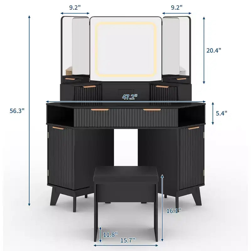 Corner Makeup Vanity Desk with Lights, 47 Wooden Dressing Table with Tri-Fold Mirror & Glass Top, Vanity Table Set with Stool for Bedroom