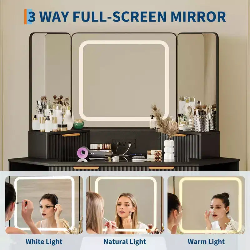 Corner Makeup Vanity Desk with Lights, 47 Wooden Dressing Table with Tri-Fold Mirror & Glass Top, Vanity Table Set with Stool for Bedroom