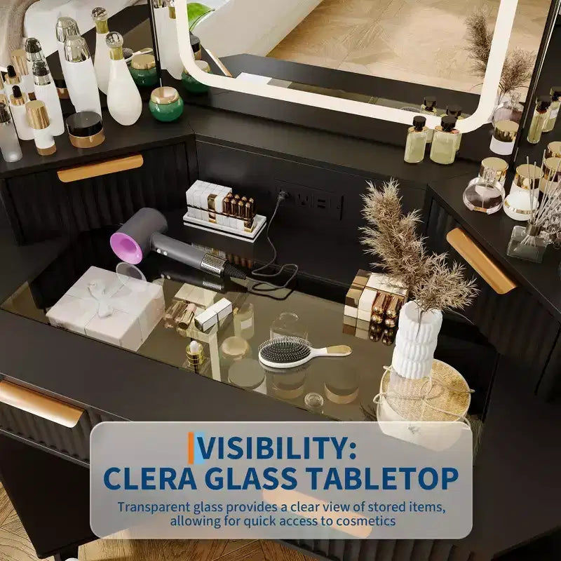 Corner Makeup Vanity Desk with Lights, 47 Wooden Dressing Table with Tri-Fold Mirror & Glass Top, Vanity Table Set with Stool for Bedroom