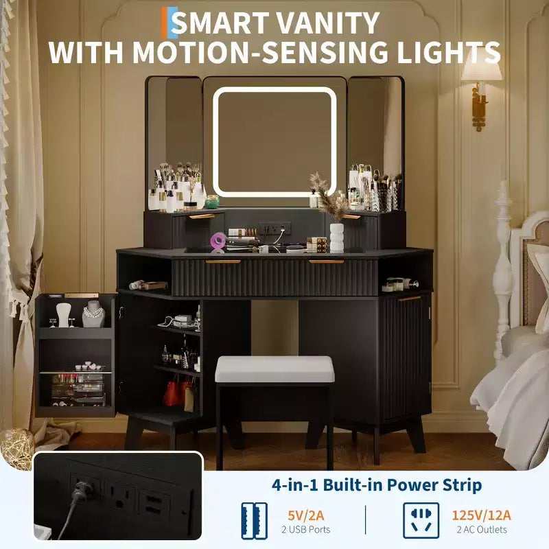 Corner Makeup Vanity Desk with Lights, 47 Wooden Dressing Table with Tri-Fold Mirror & Glass Top, Vanity Table Set with Stool for Bedroom