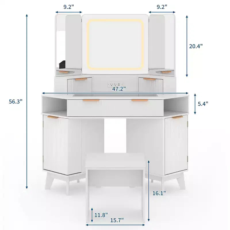 Corner Makeup Vanity Desk with Lights, 47 Wooden Dressing Table with Tri-Fold Mirror & Glass Top, Vanity Table Set with Stool for Bedroom