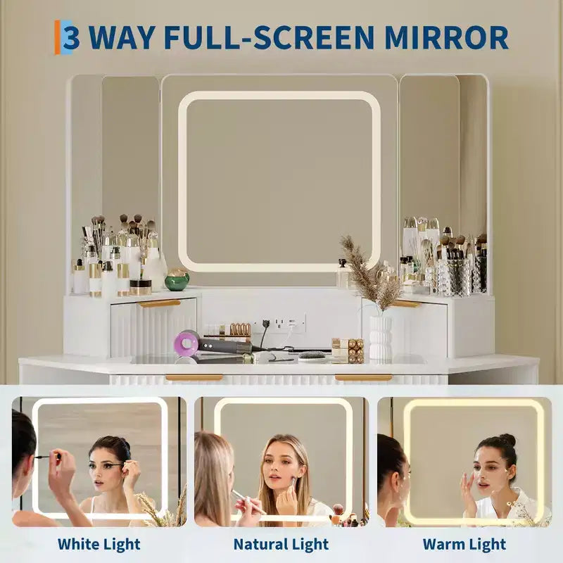 Corner Makeup Vanity Desk with Lights, 47 Wooden Dressing Table with Tri-Fold Mirror & Glass Top, Vanity Table Set with Stool for Bedroom