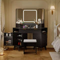 Corner Makeup Vanity Desk with Lights, 47 Wooden Dressing Table with Tri-Fold Mirror & Glass Top, Vanity Table Set with Stool for Bedroom
