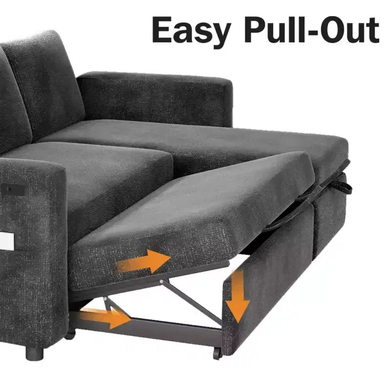Dyonery 2 in 1 Pull Out Sleeper Sofa with Storage Chaise C Chenille Sectional Couch with USB Ports for Living Room