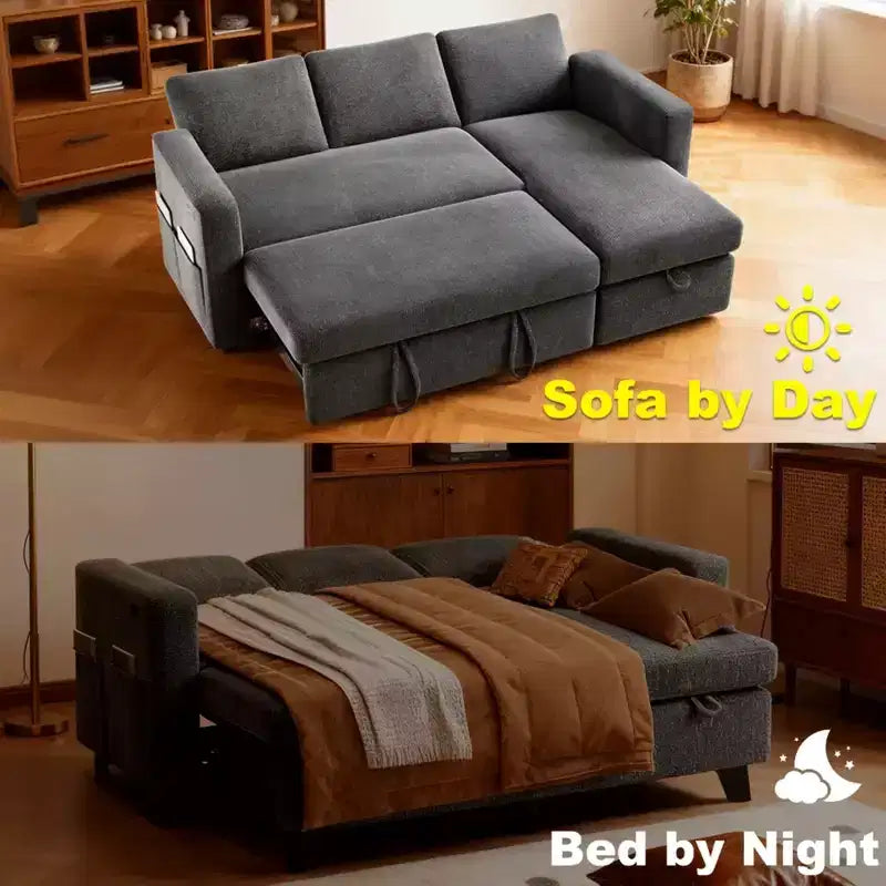 Dyonery 2 in 1 Pull Out Sleeper Sofa with Storage Chaise C Chenille Sectional Couch with USB Ports for Living Room