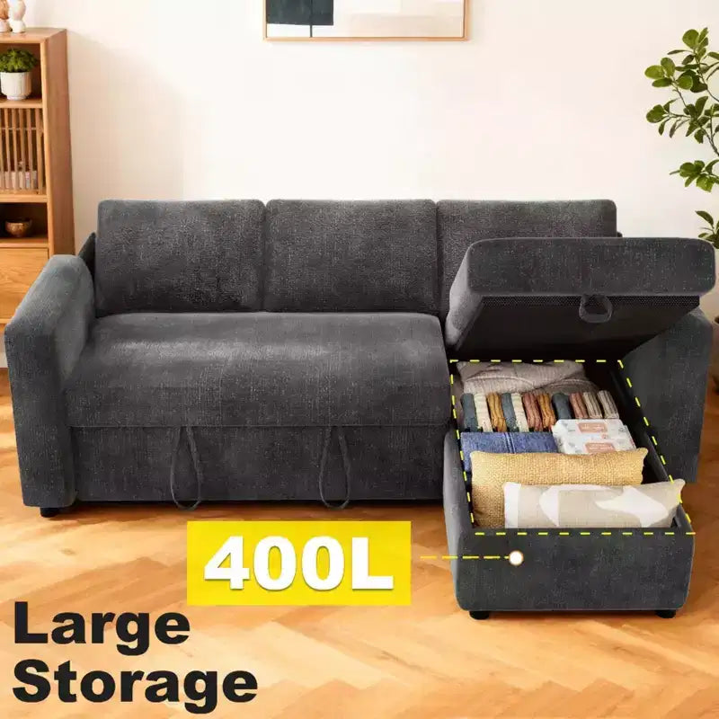 Dyonery 2 in 1 Pull Out Sleeper Sofa with Storage Chaise C Chenille Sectional Couch with USB Ports for Living Room