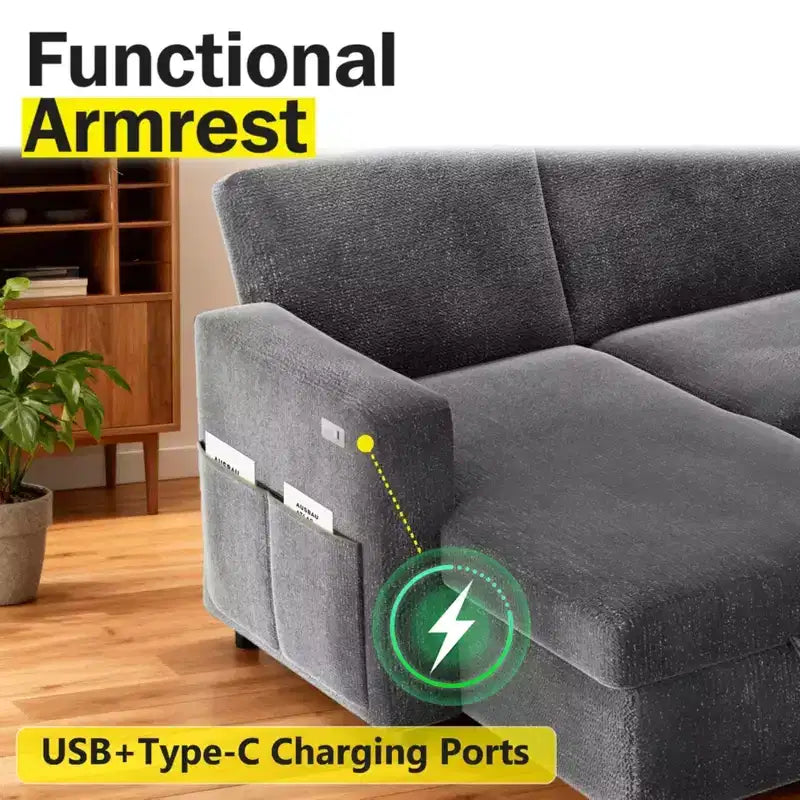 Dyonery 2 in 1 Pull Out Sleeper Sofa with Storage Chaise C Chenille Sectional Couch with USB Ports for Living Room