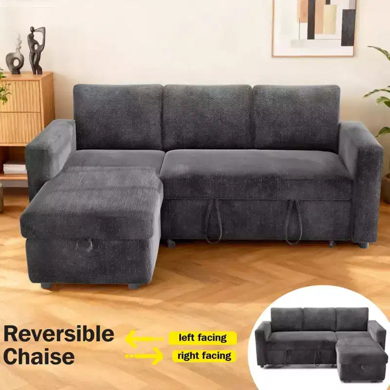Dyonery 2 in 1 Pull Out Sleeper Sofa with Storage Chaise C Chenille Sectional Couch with USB Ports for Living Room