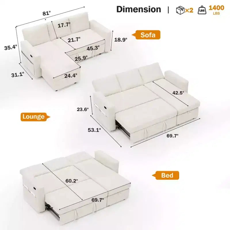 Dyonery 2 in 1 Pull Out Sleeper Sofa with Storage Chaise C Chenille Sectional Couch with USB Ports for Living Room