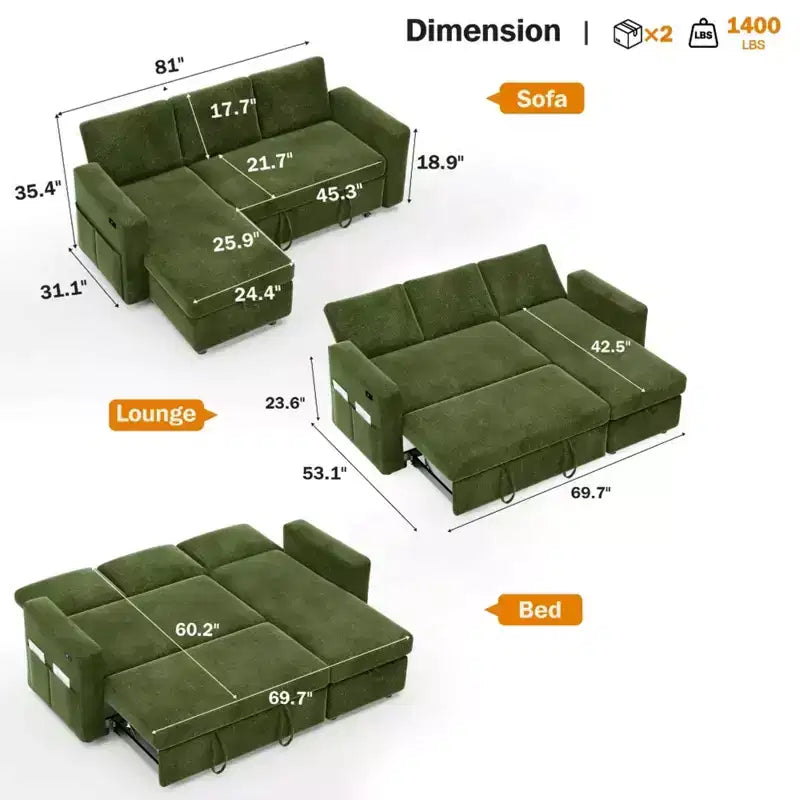 Dyonery 2 in 1 Pull Out Sleeper Sofa with Storage Chaise C Chenille Sectional Couch with USB Ports for Living Room